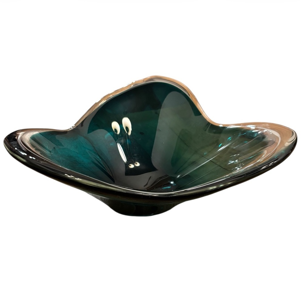Mid Century Modern Teal Art Glass Bowl | Sculptural Centerpiece